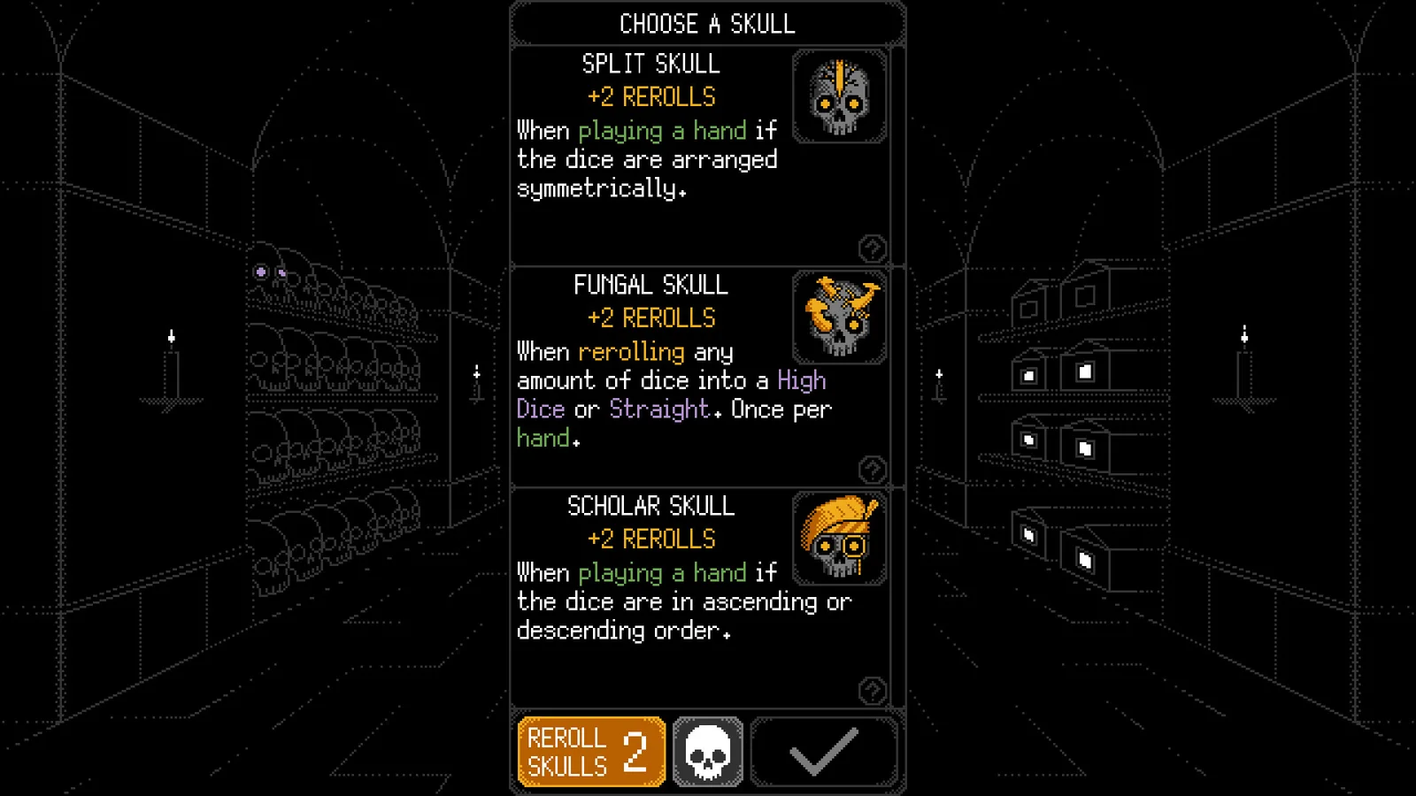 Dice of Kalma skull choice screen with several conditional skull effects