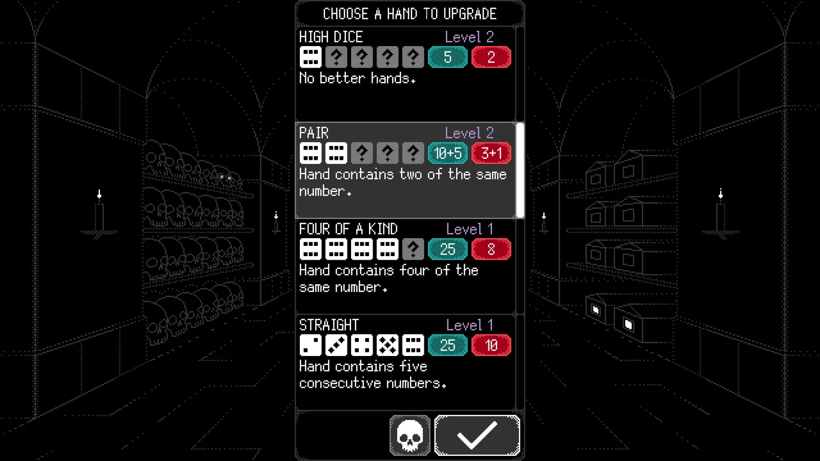 Dice of Kalma hand-upgrade screen listing several poker hands