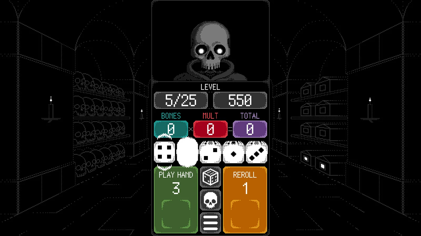 Dice of Kalma board showing a five-die result and one reroll